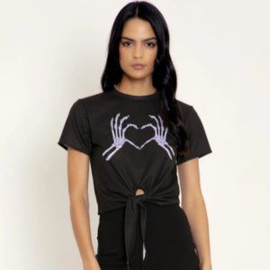 Blackmilk brand Love you to Death tie front tee t-shirt skeleton heart Small